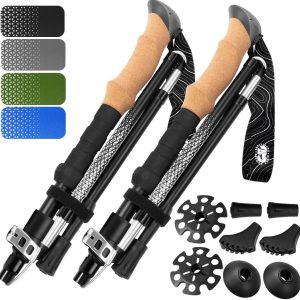Premium Foldable Hiking Poles by USA Brand - Adjustable, Lightweight Trekking Poles Made of Aircraft Aluminum, Metal Flip Locks & Comfortable Real Cork and EVA Foam Grips